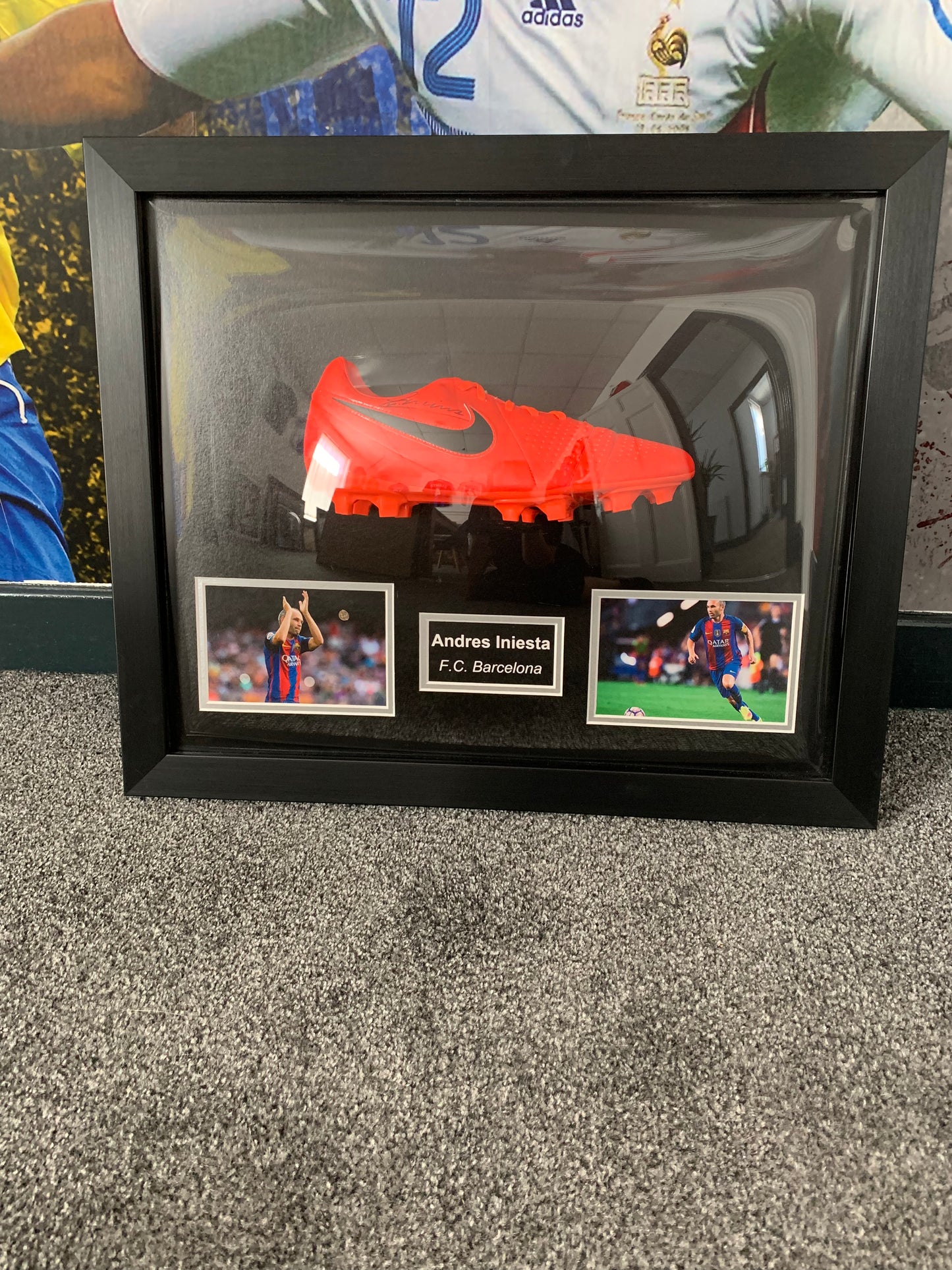 Andres Iniesta signed football boot dome frame