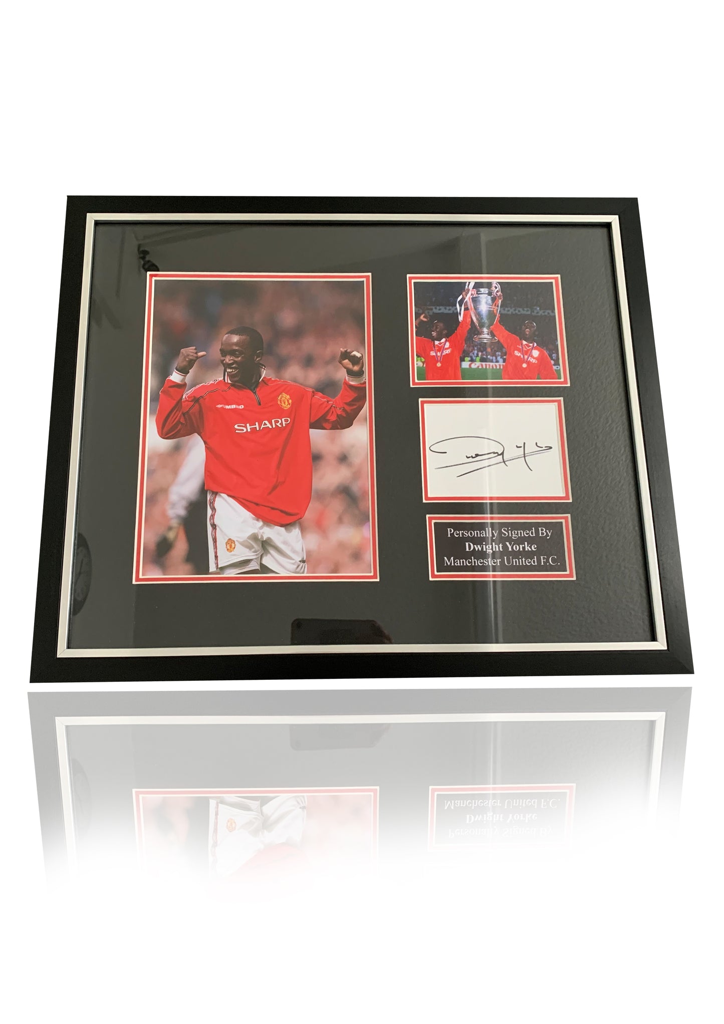 Dwight Yorke Manchester United hand signed framed photo card montage