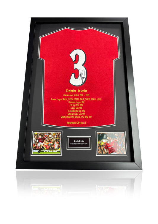 Denis Irwin hand signed framed Manchester United honours T shirt