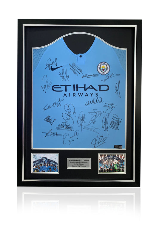 Man City Squad signed framed domestic treble winners shirt